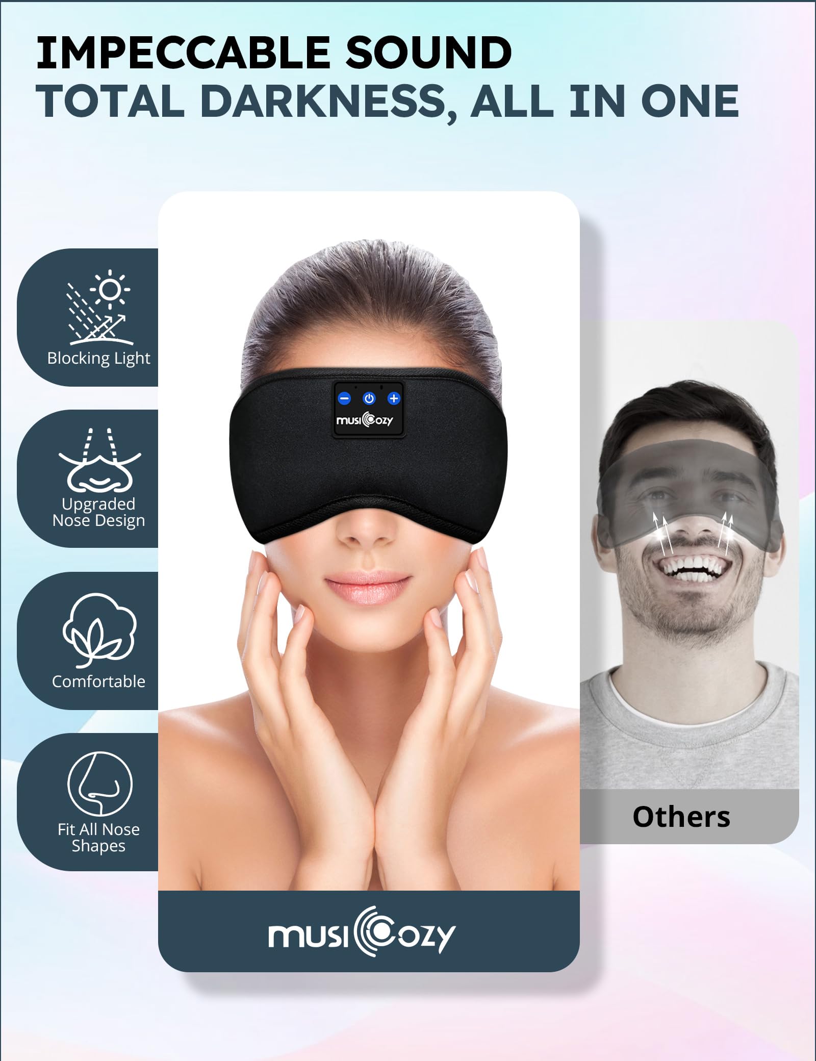 MUSICOZY sleep headband used on an airplane seat illustrating travel noise reduction and comfort