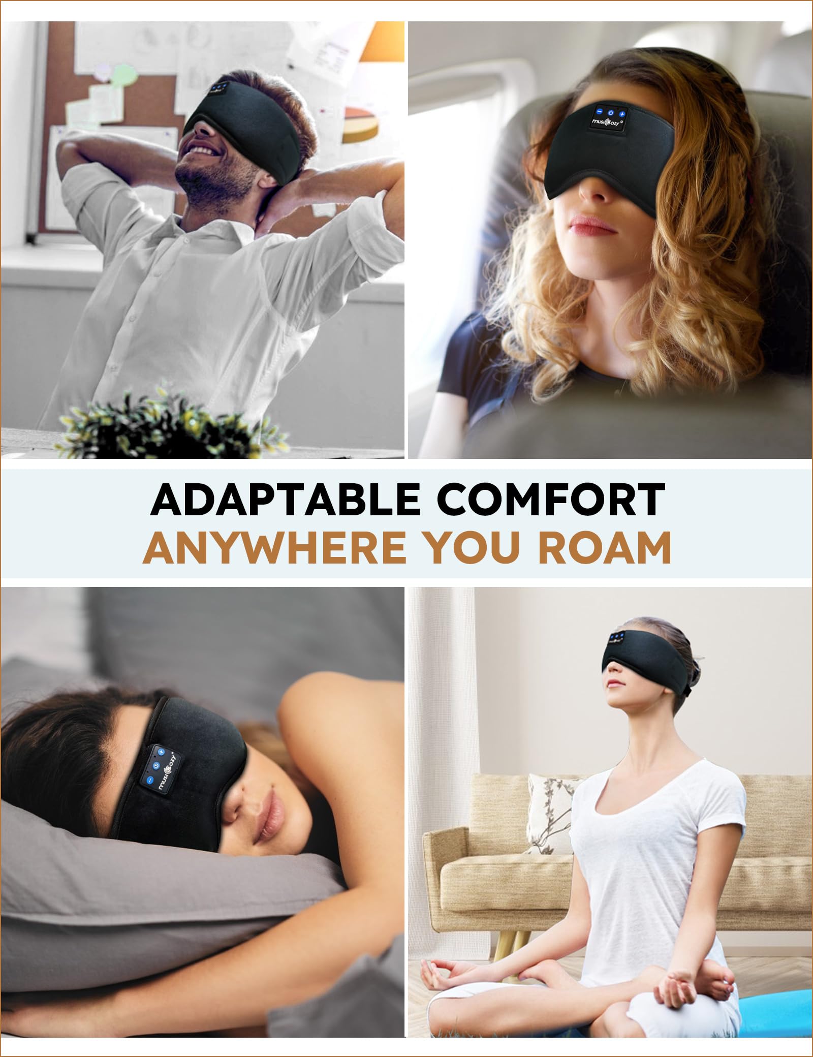 MUSICOZY mask in travel setting demonstrating noise isolation on flights benefit