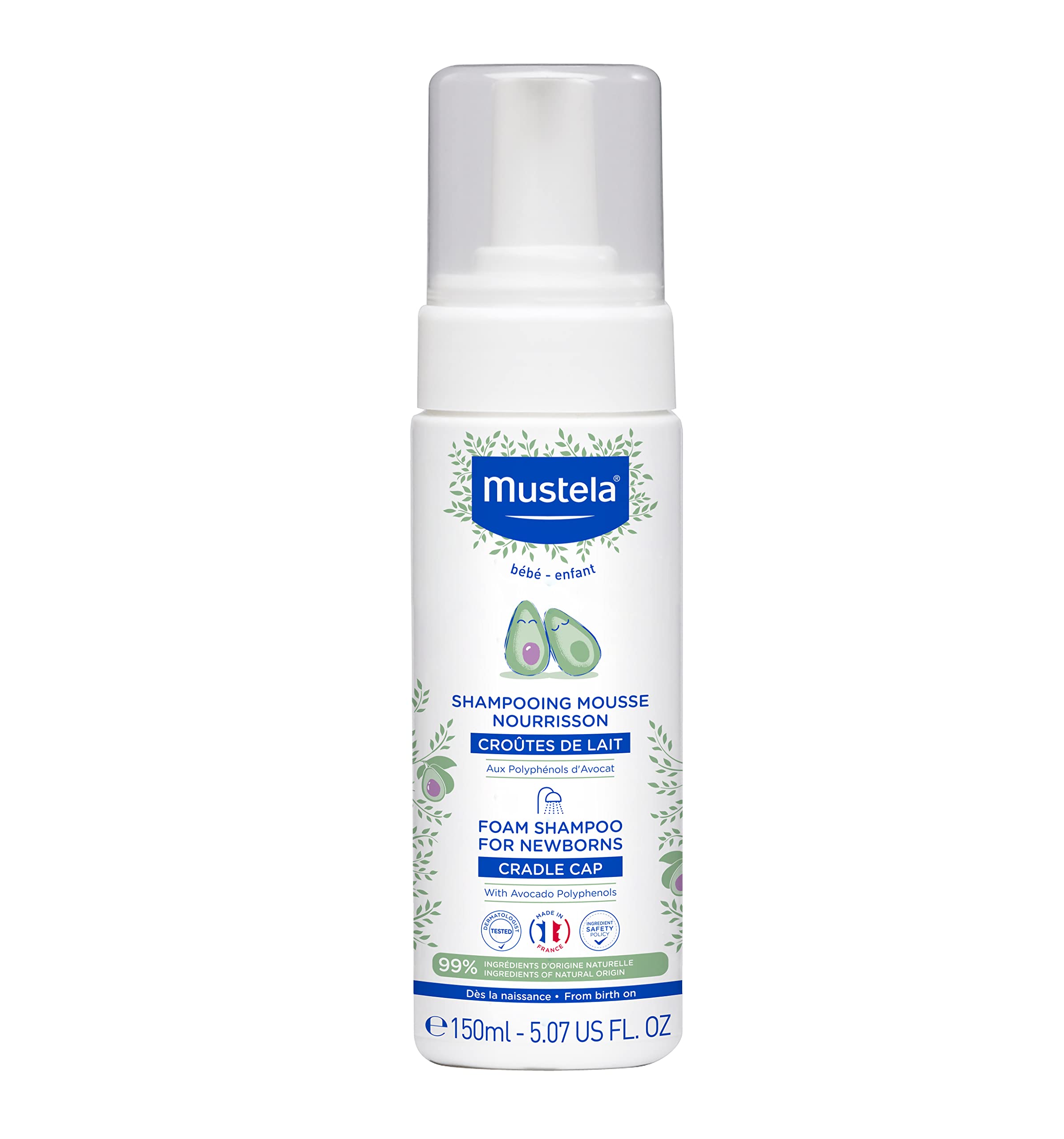 Mustela frente del envase de espuma champú, fácil identificación y uso
