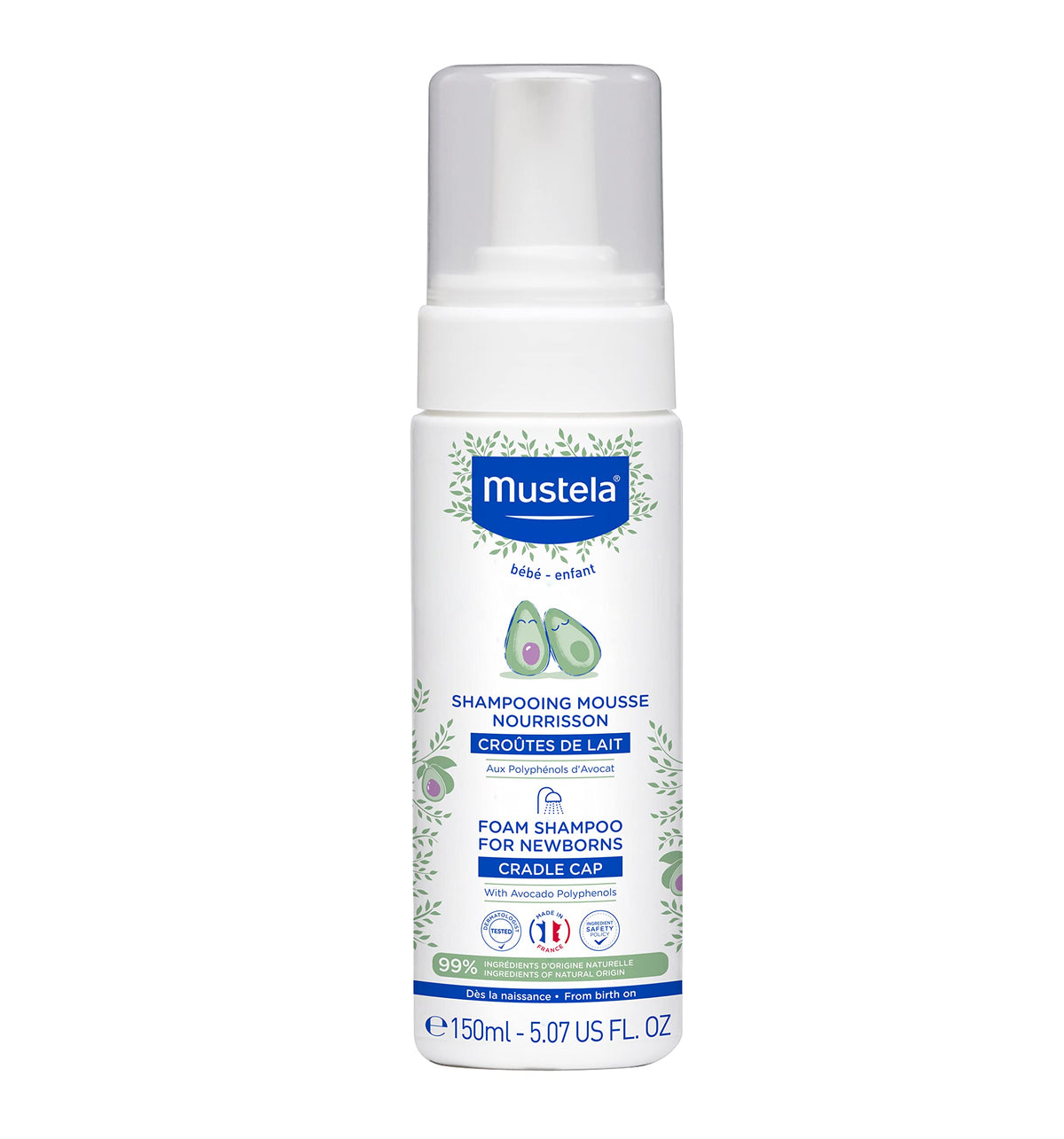 Mustela frente del envase de espuma champú, fácil identificación y uso