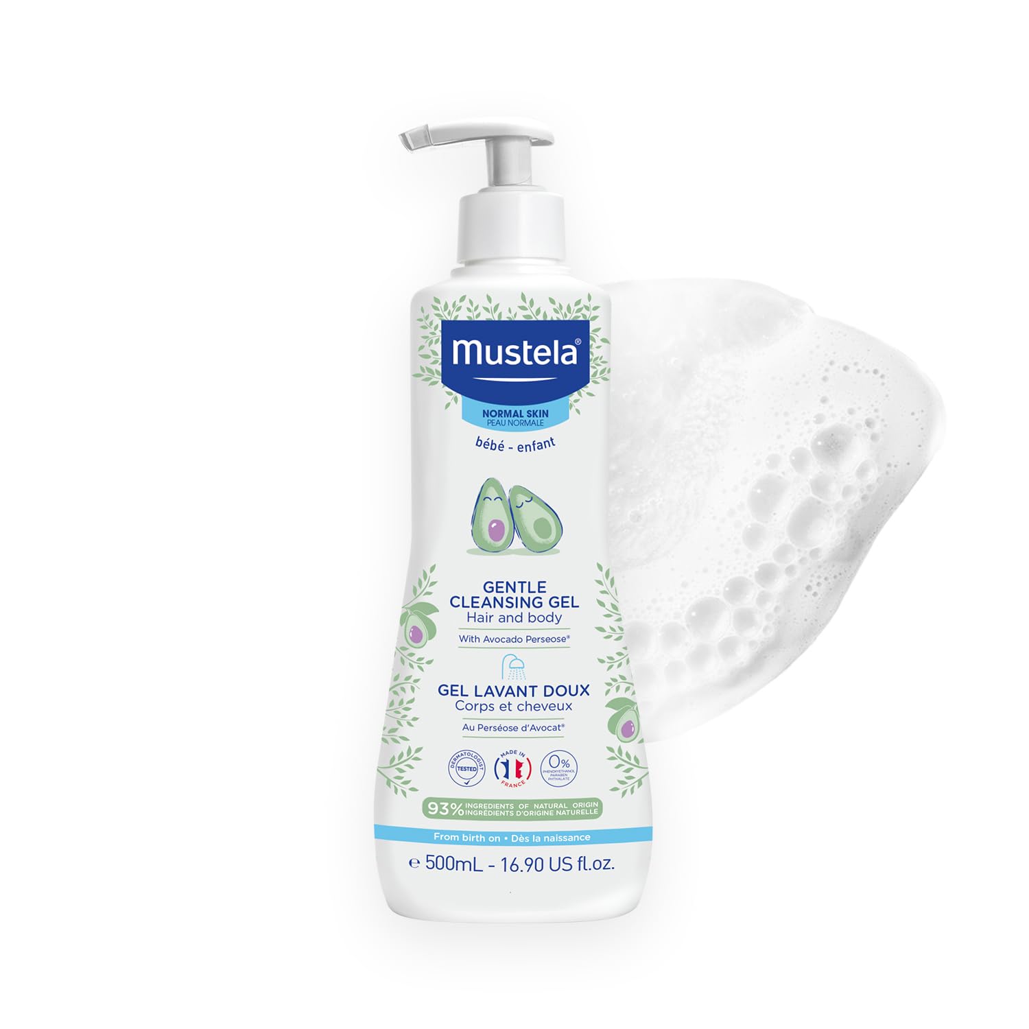 Mustela front label bottle showing product name and gentle formula benefit
