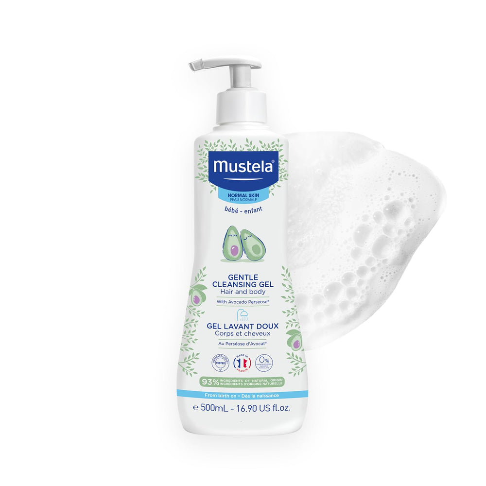 Mustela front label bottle showing product name and gentle formula benefit