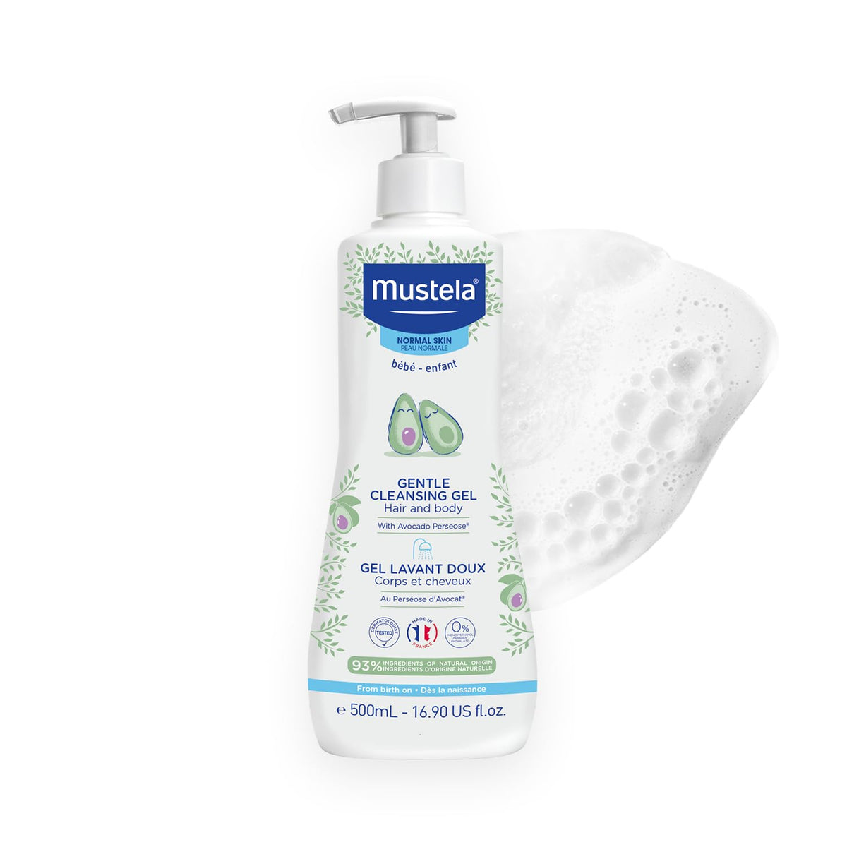 Mustela front label bottle showing product name and gentle formula benefit