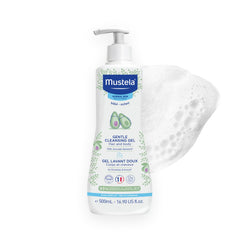 Mustela front label bottle showing product name and gentle formula benefit