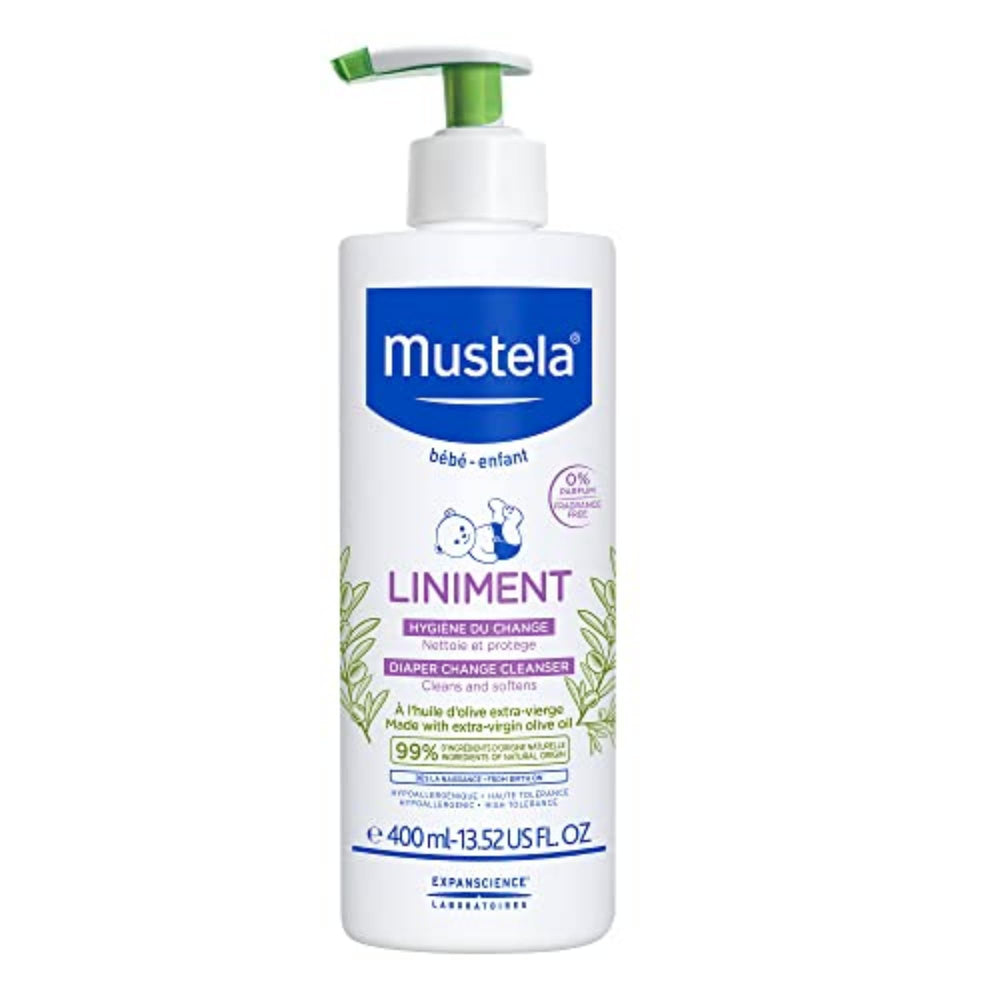 Mustela botella frontal liniment sin enjuague mostrando diseño y capacidad