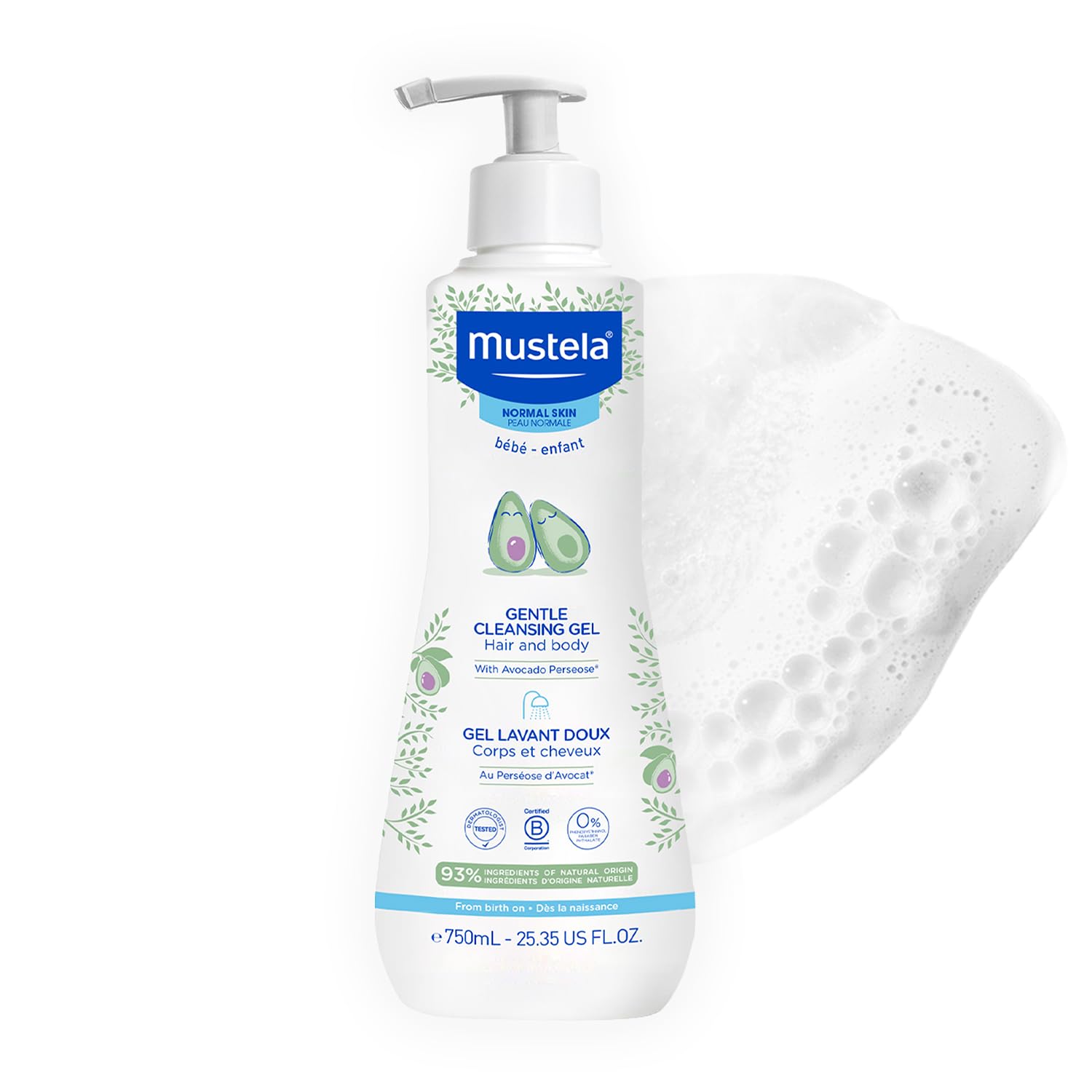 Mustela envase frontal mostrando diseño y beneficio limpieza suave