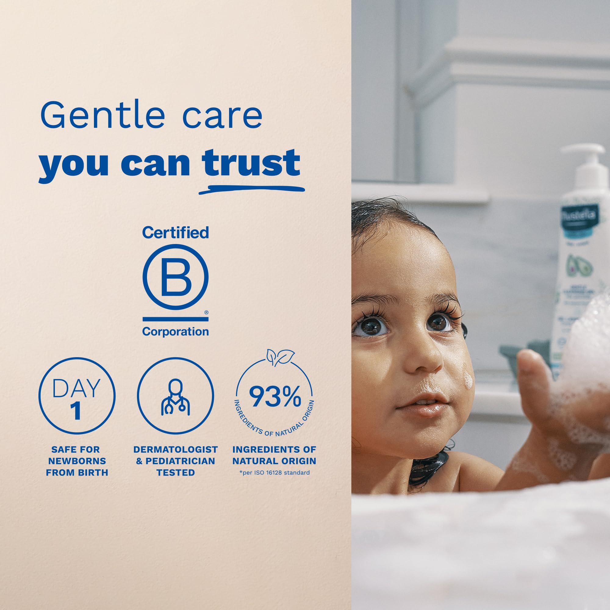 Mustela gel texture and foam demonstrating gentle lather and rinseability