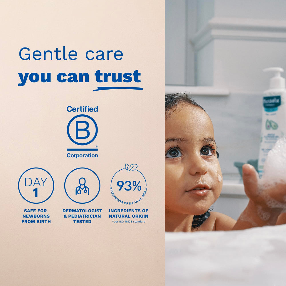 Mustela gel texture and foam demonstrating gentle lather and rinseability