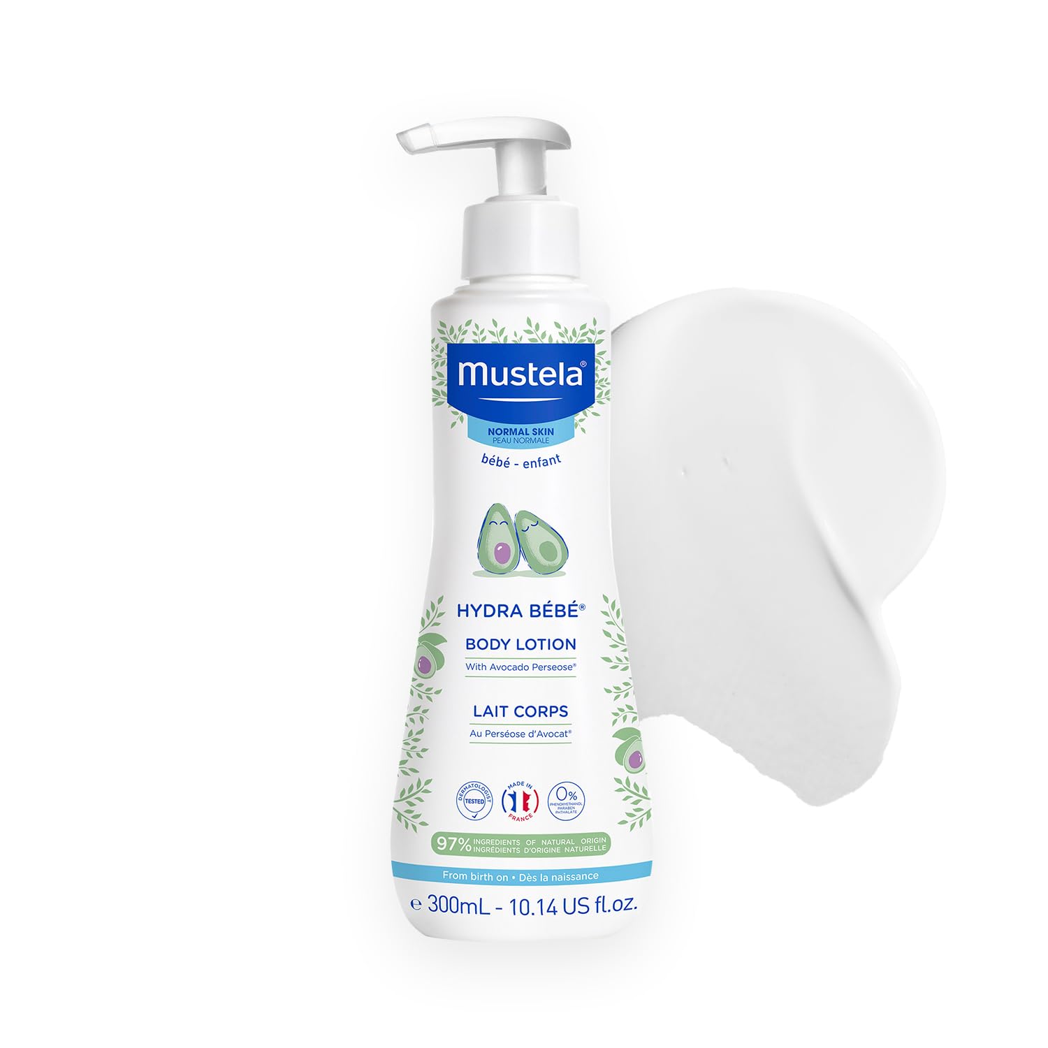Mustela loción corporal frontal mostrando envase y beneficio hidratante