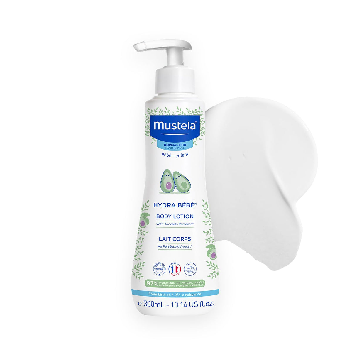Mustela loción corporal frontal mostrando envase y beneficio hidratante