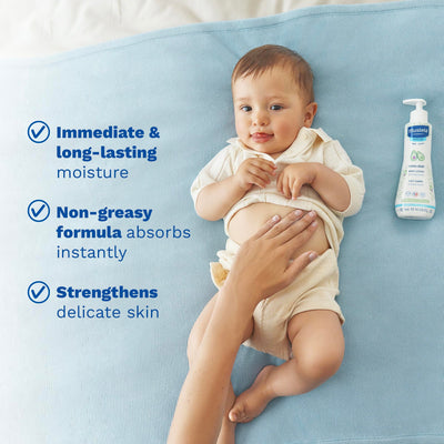 Mustela piel de bebé tras aplicar loción aspecto suave y flexible