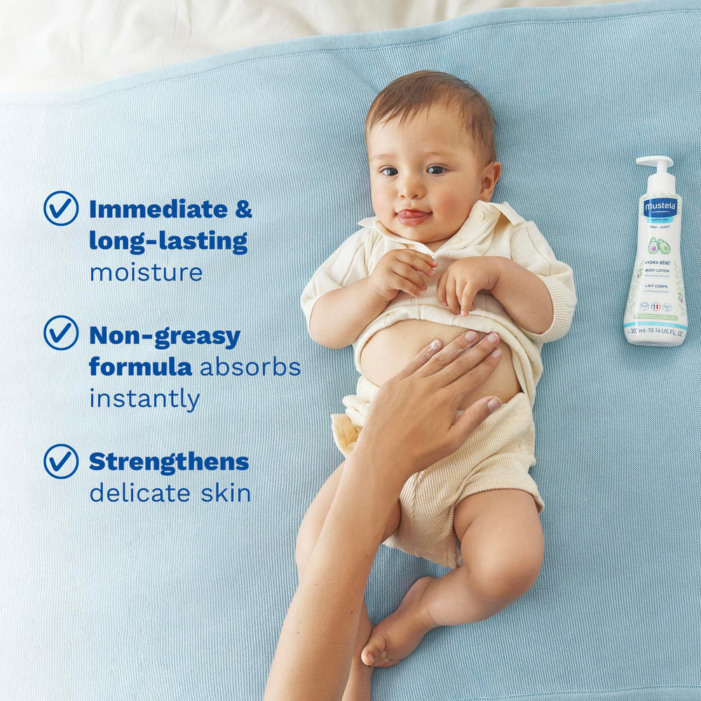 Mustela piel de bebé tras aplicar loción aspecto suave y flexible
