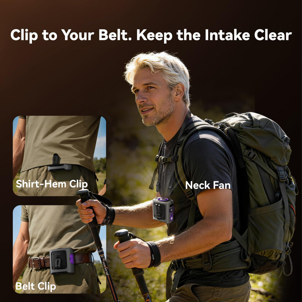 MUXNW worn on belt action shot providing hands-free personal airflow