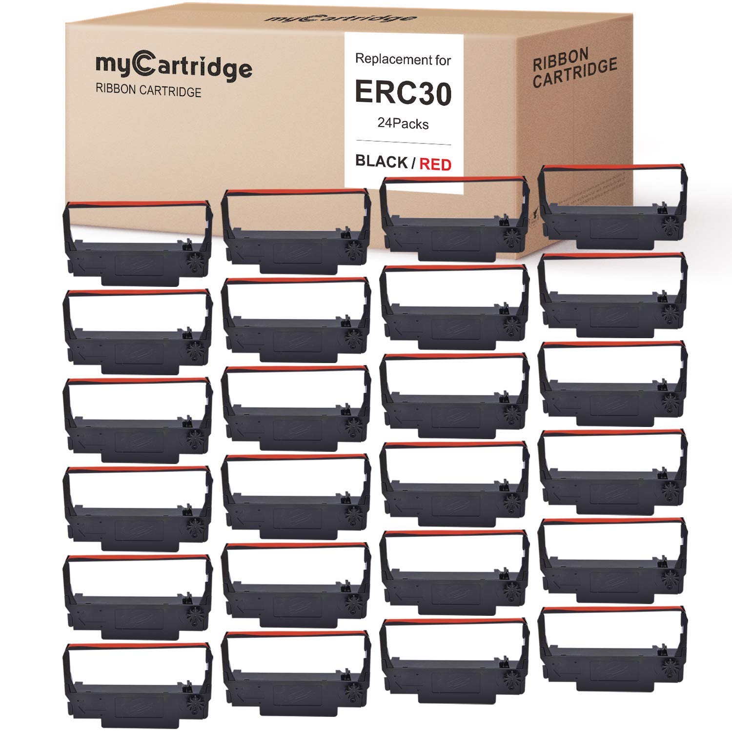myCartridge embalaje frontal mostrando 24 cintas y ahorro