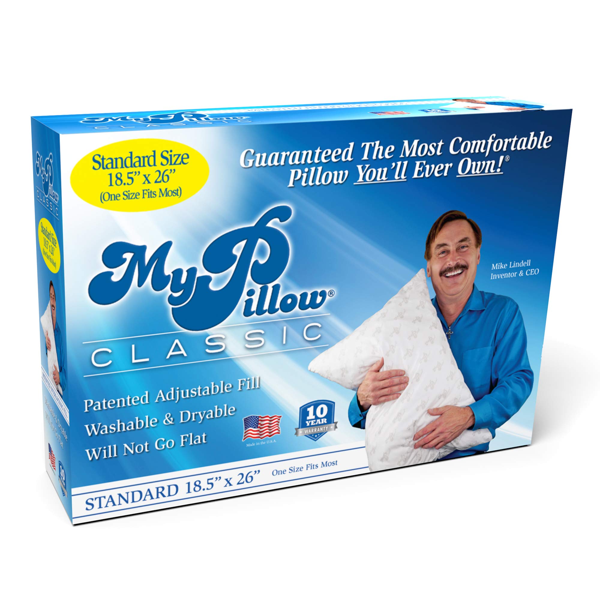 MyPillow front view showing pillow and packaging, brand comfort visible