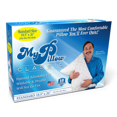 MyPillow front view showing pillow and packaging, brand comfort visible