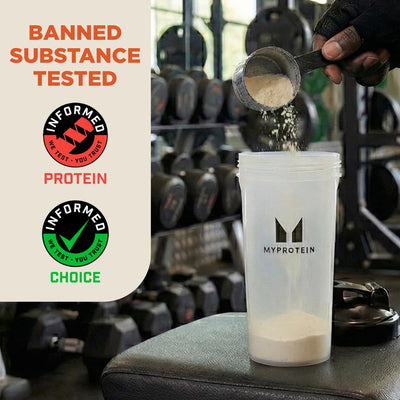Myprotein shaker bottle on gym bench for convenient post-workout protein