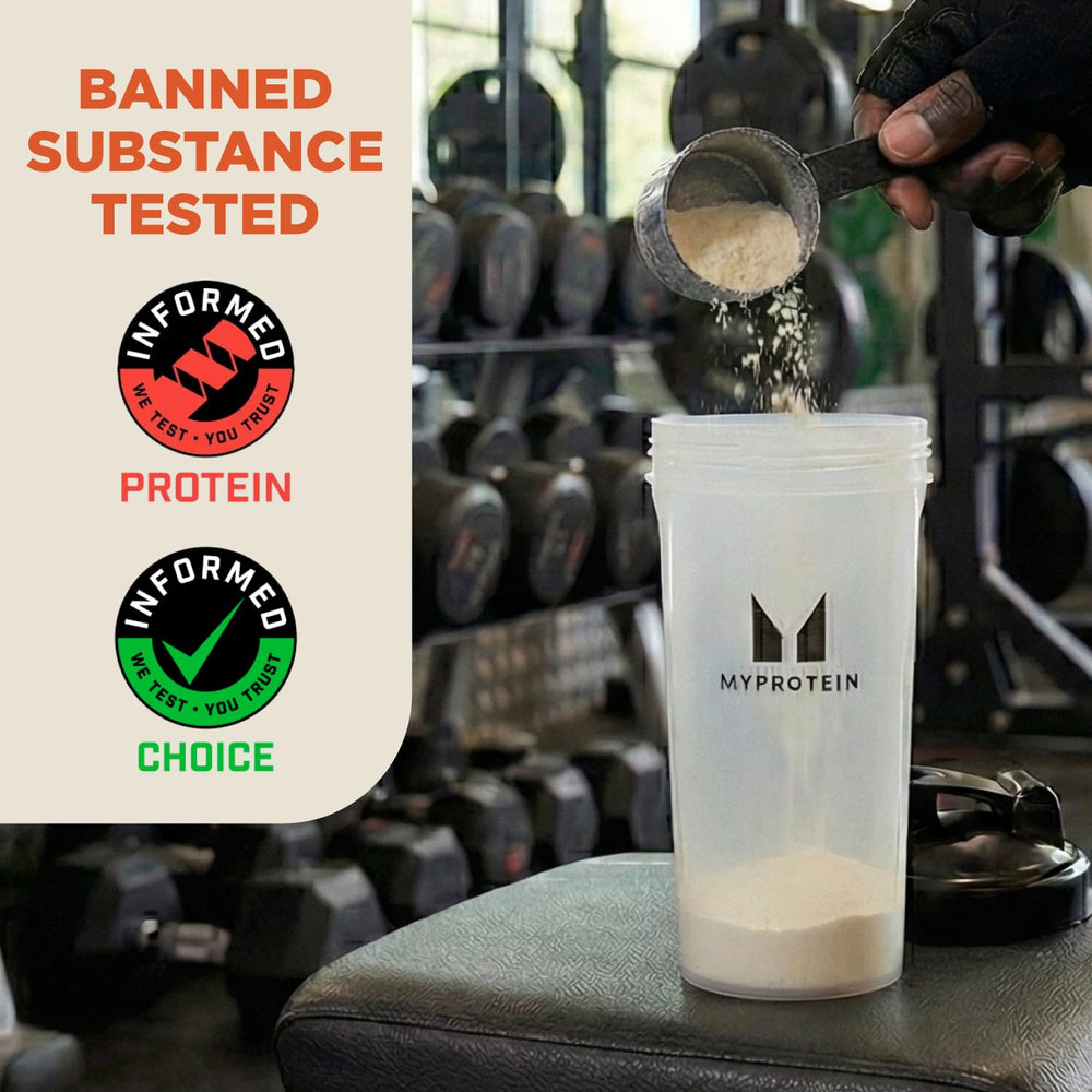 Myprotein shaker bottle on gym bench for convenient post-workout protein
