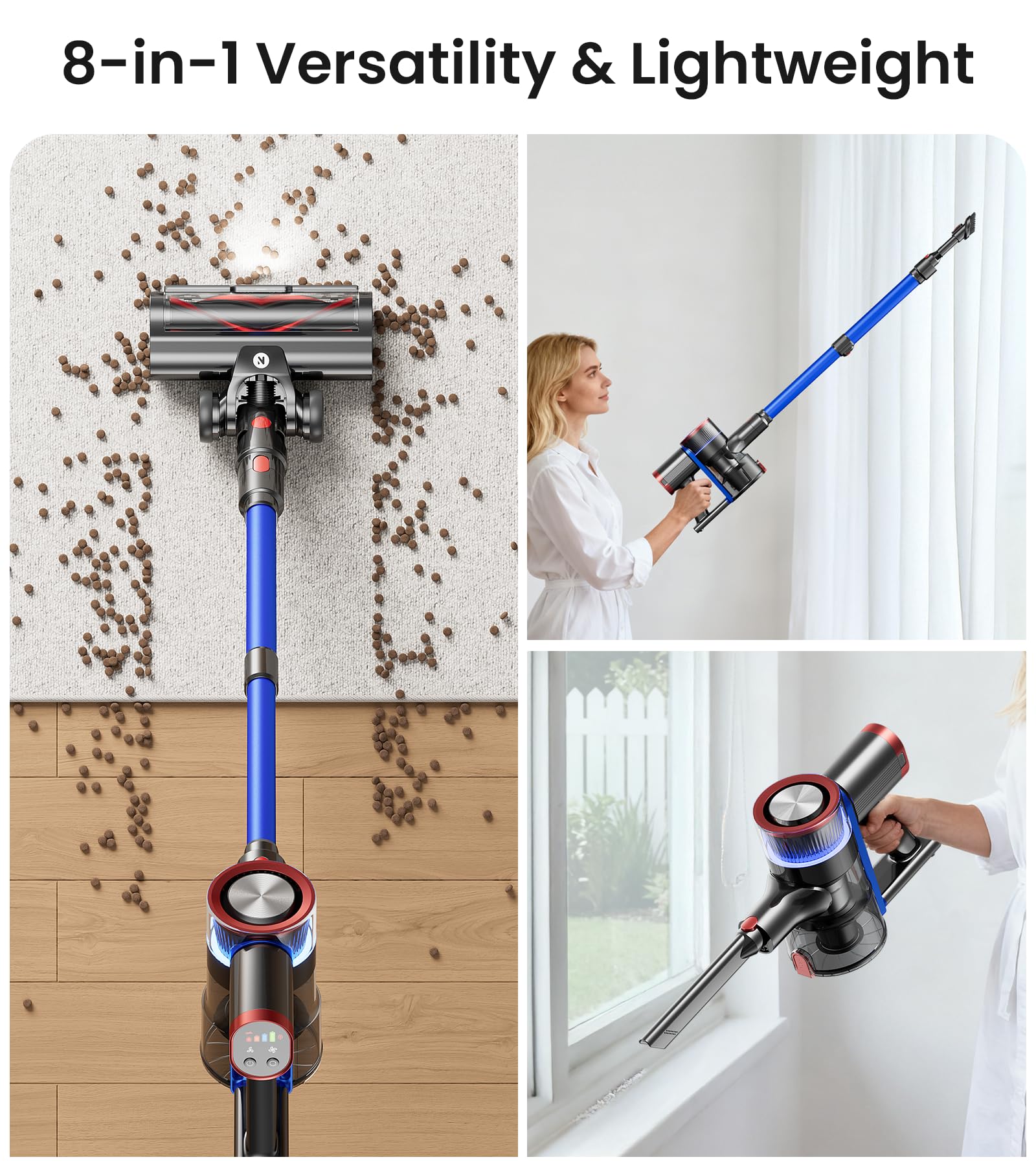 NADALY in kitchen lifestyle scene on hardwood showing powerful suction for daily messes