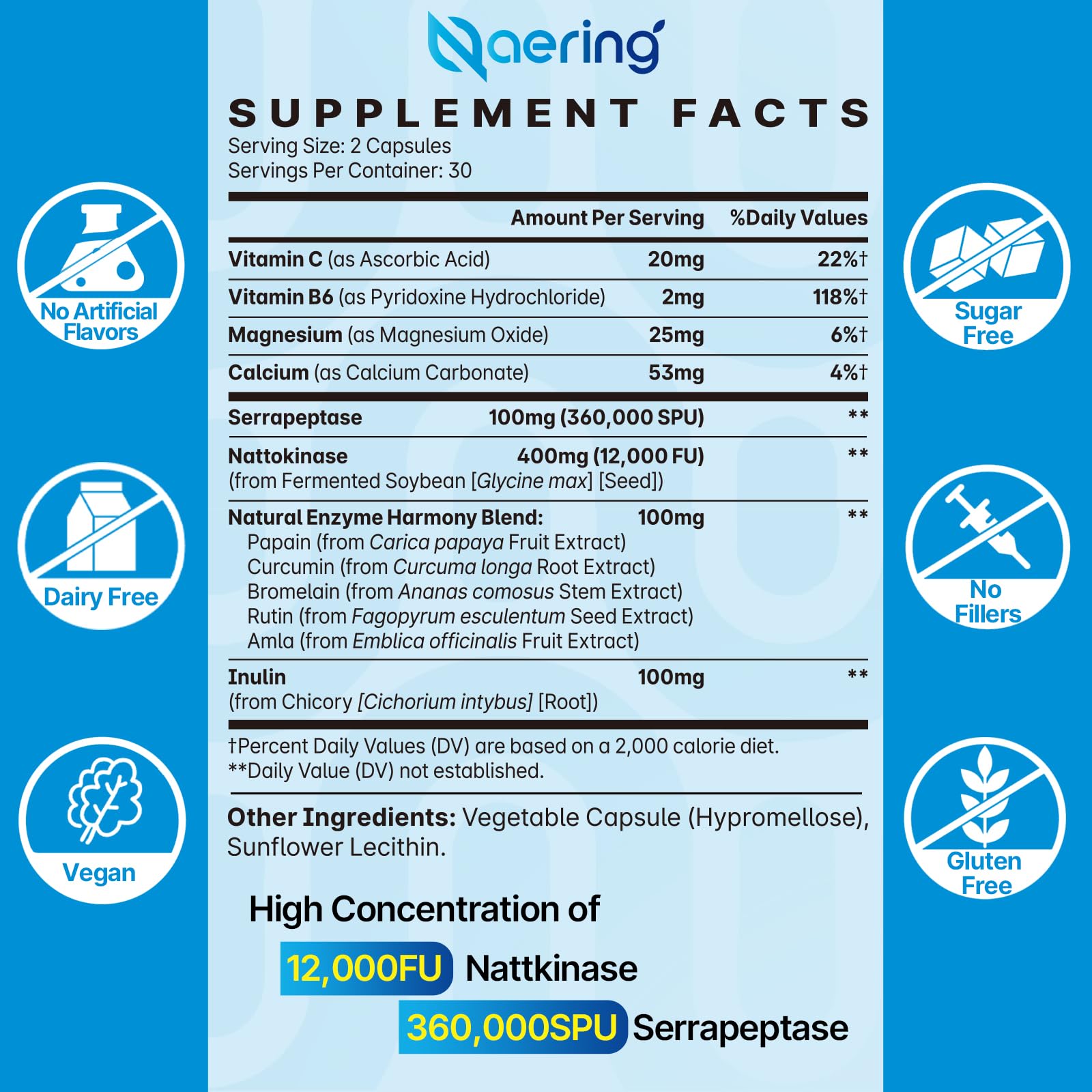 Naering primer plano de etiqueta con lista de nattokinase y serrapeptase y beneficios