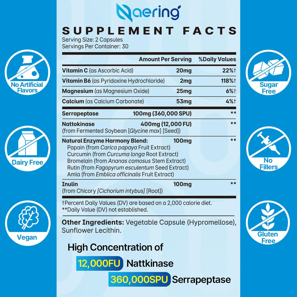 Naering primer plano de etiqueta con lista de nattokinase y serrapeptase y beneficios