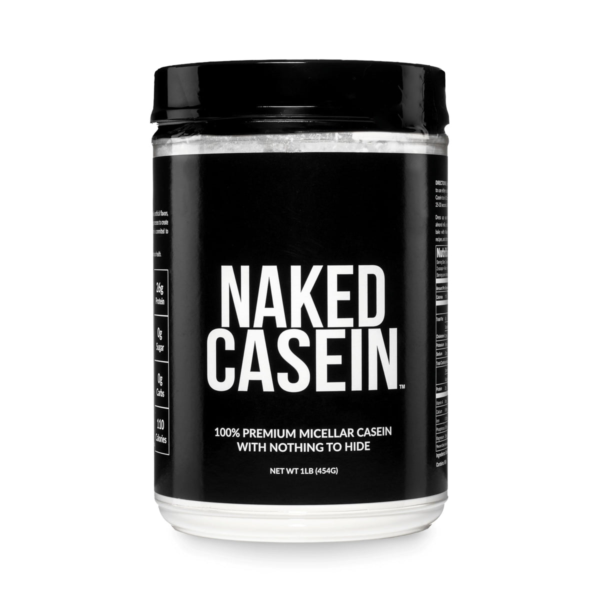 NAKED casein vista frontal del envase que muestra pureza y etiqueta