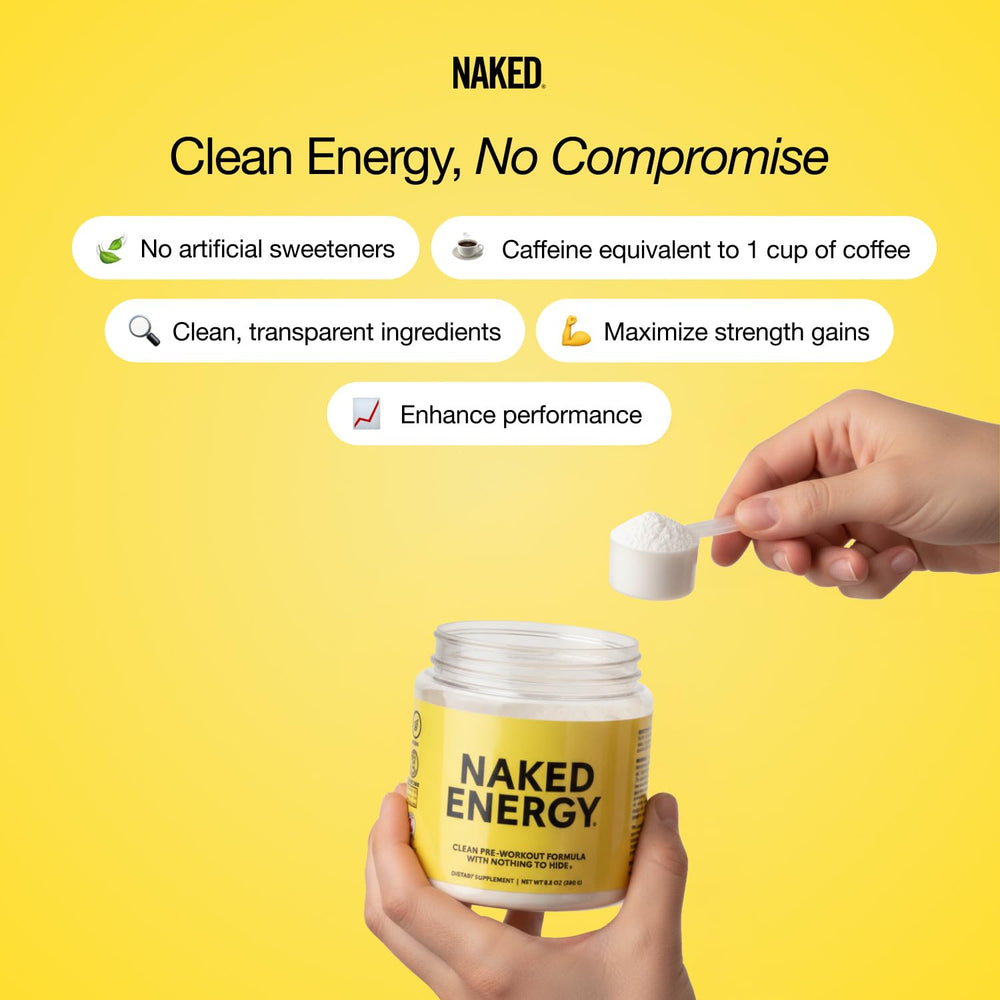 NAKED Energy etiqueta nutricional visible, muestra vitaminas y cafeína
