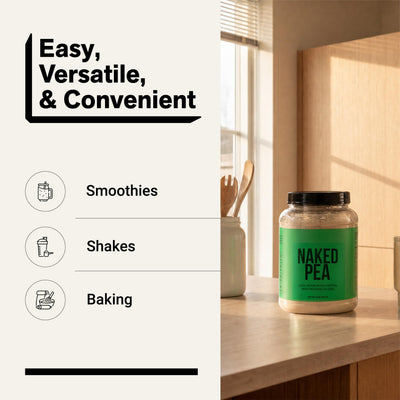 NAKED pea serving on kitchen scale indicating accurate 30 servings per tub