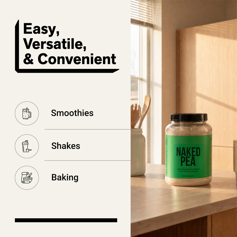 NAKED pea serving on kitchen scale indicating accurate 30 servings per tub