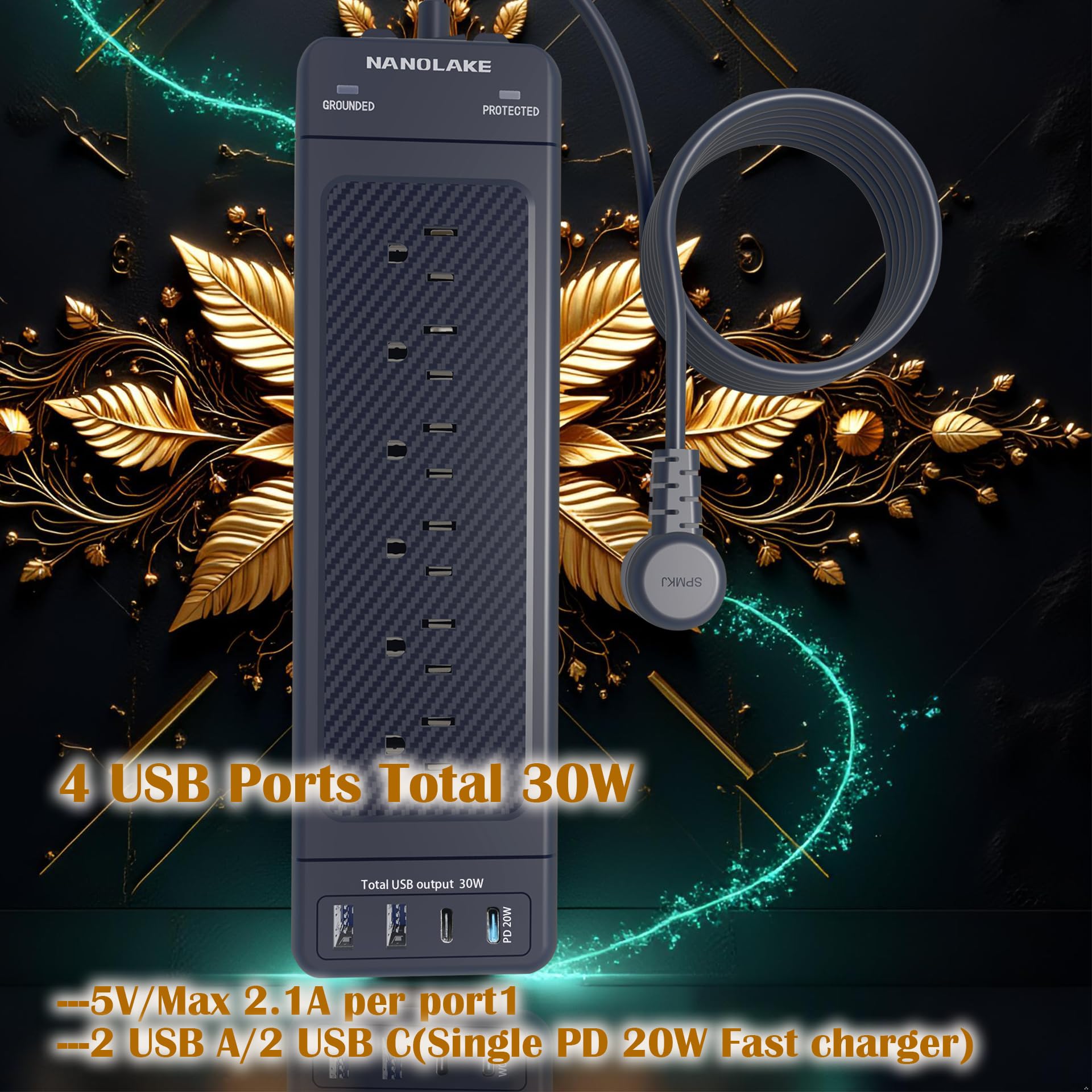 NANOLAKE regleta en escritorio alimentando PC, monitor y accesorios simultáneamente