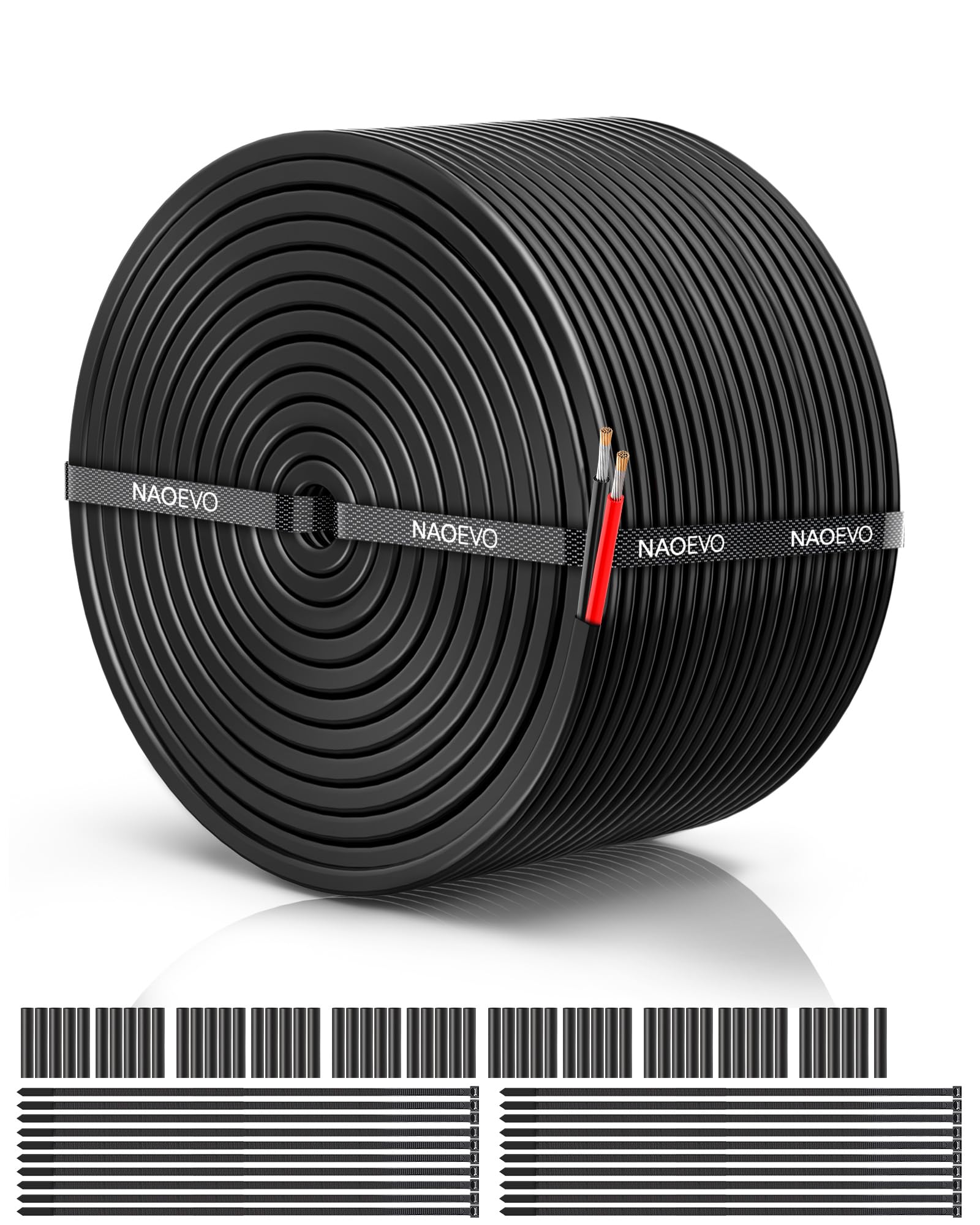 NAOEVO rollo de cable 18 AWG frontal mostrando longitud y color, fiabilidad