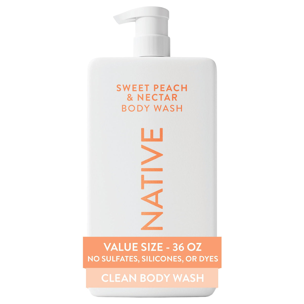 Native botella 36 oz frontal mostrando tamaño y etiqueta, ideal para ahorro