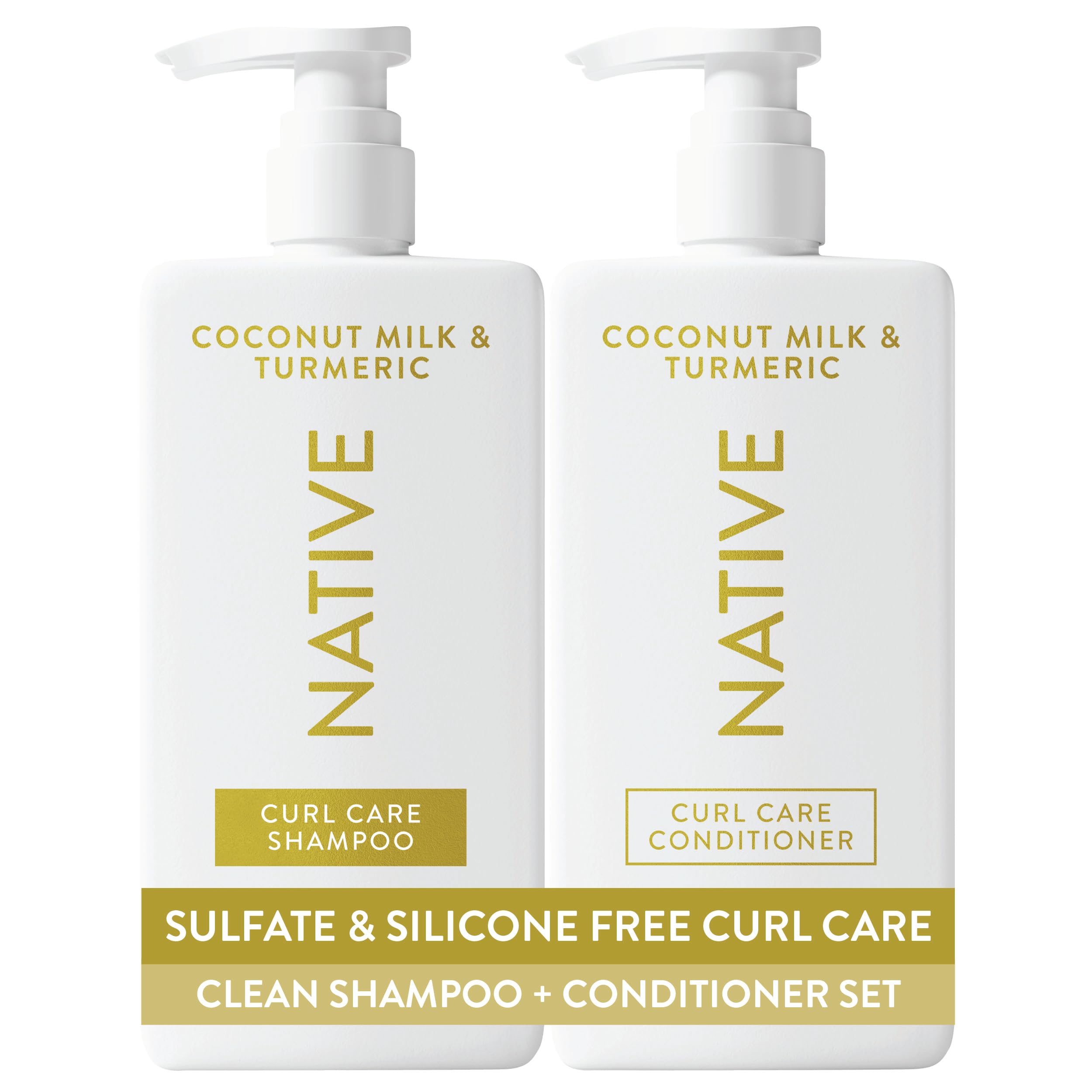 Native envases frontales del set con leche de coco y cúrcuma que muestran beneficios nutritivos