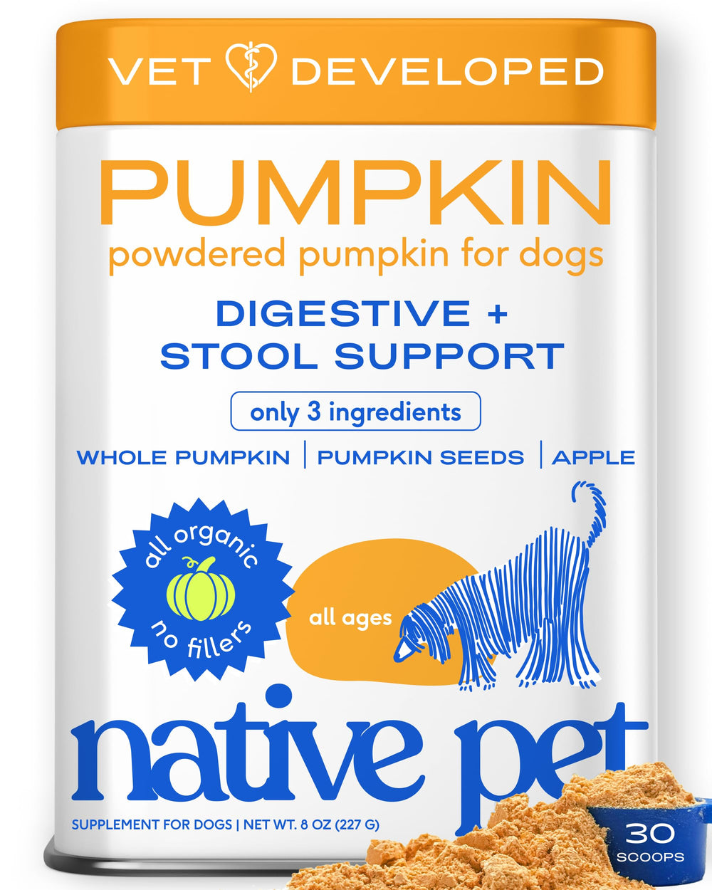 Native Pet envase frontal del topper de calabaza orgánica que facilita digestión