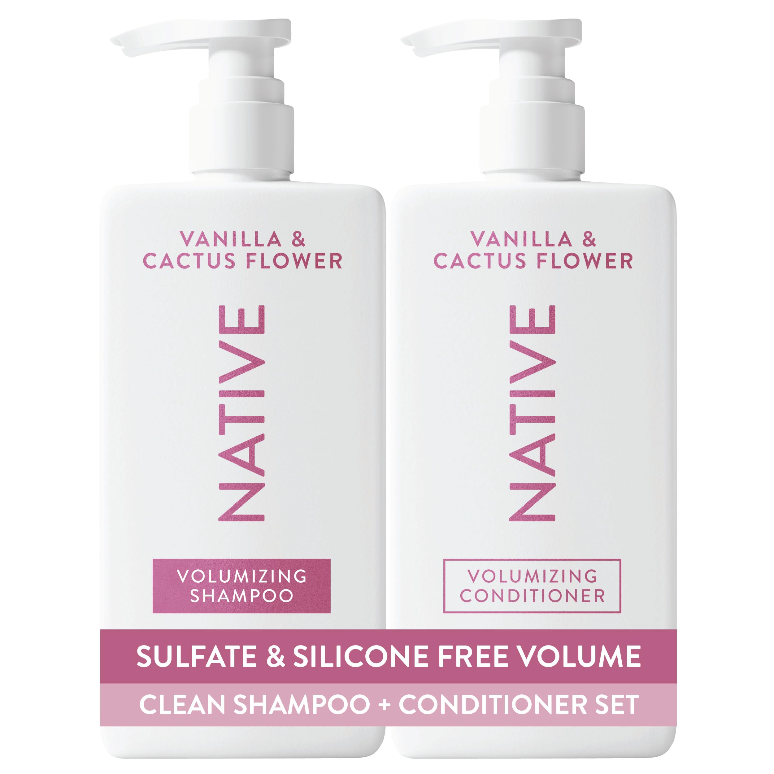 Native pack frontal mostrando champú y acondicionador para volumen natural