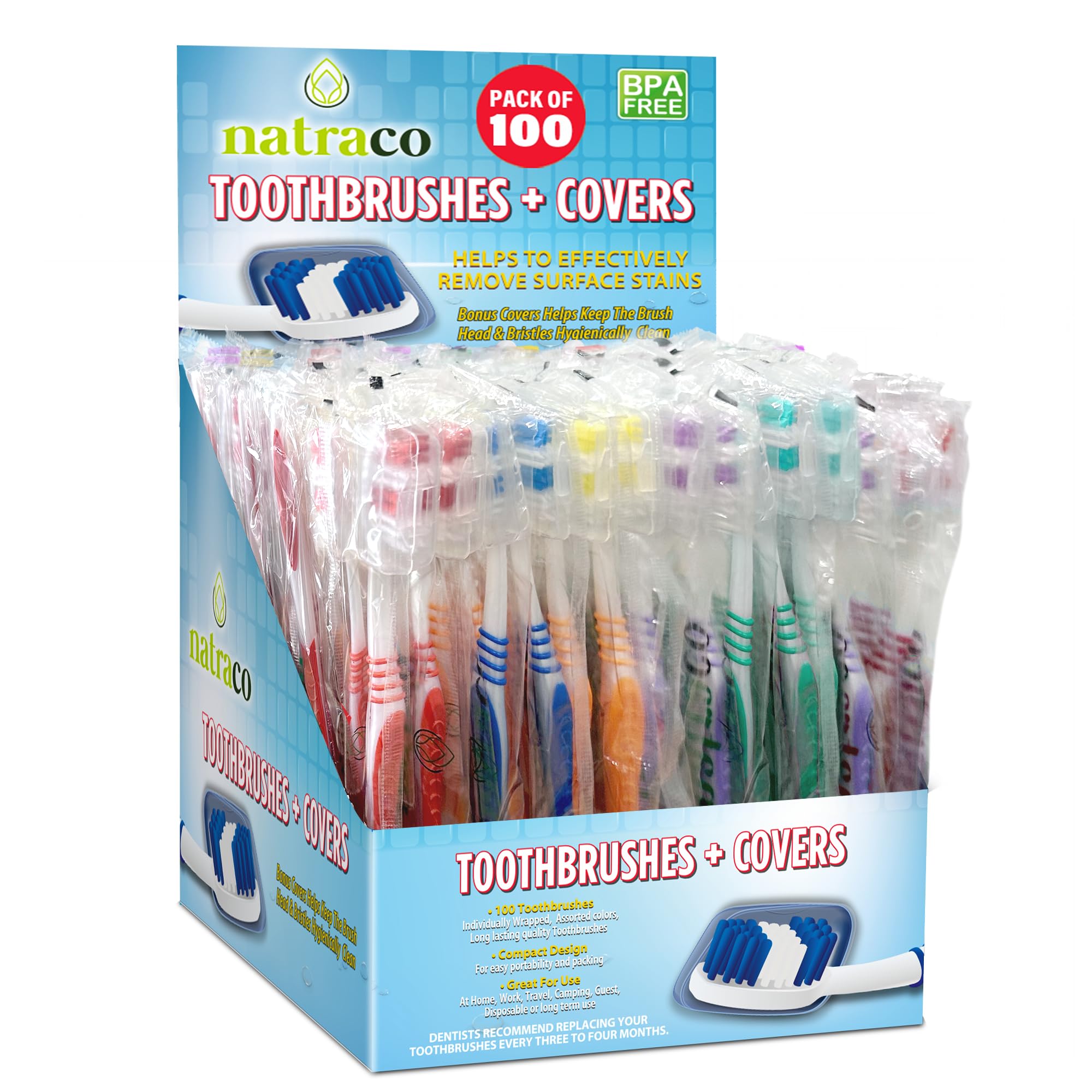 natraco cepillo pack frontal mostrando 100 unidades y funda para higiene