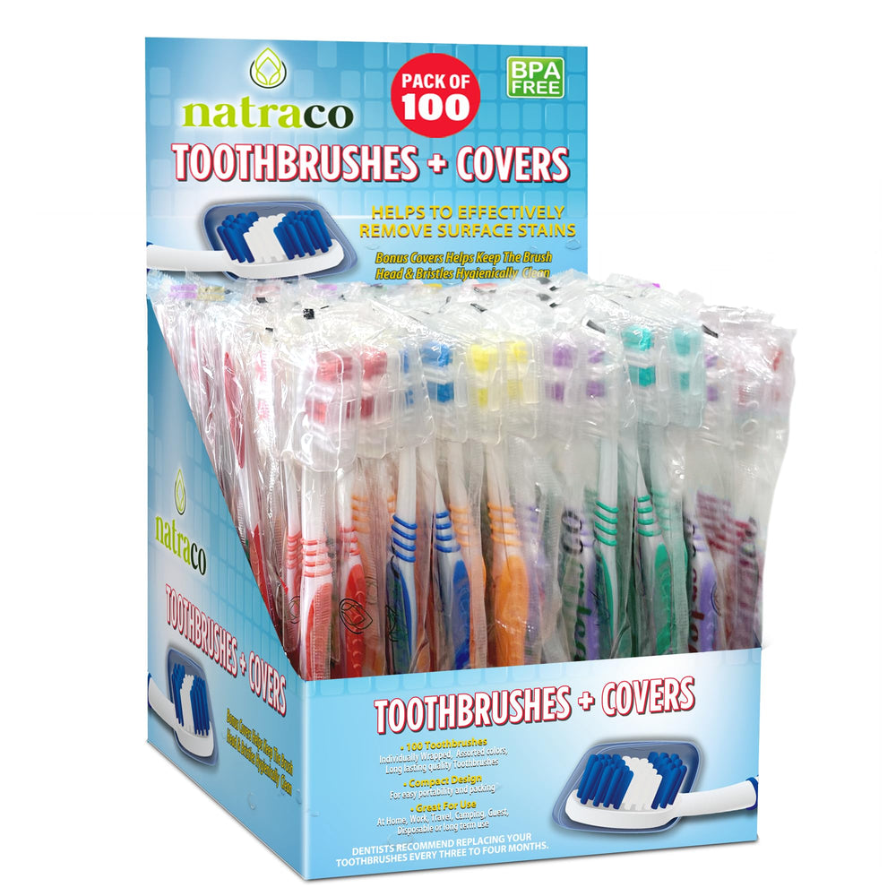 natraco cepillo pack frontal mostrando 100 unidades y funda para higiene