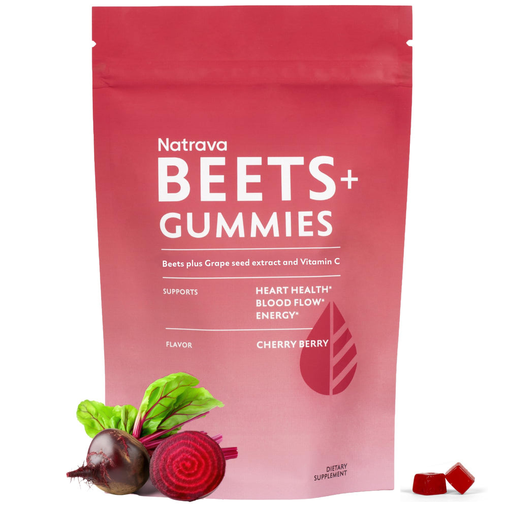 Natrava frasco frontal de Beets+ gomitas, presentación clara y beneficios prácticos