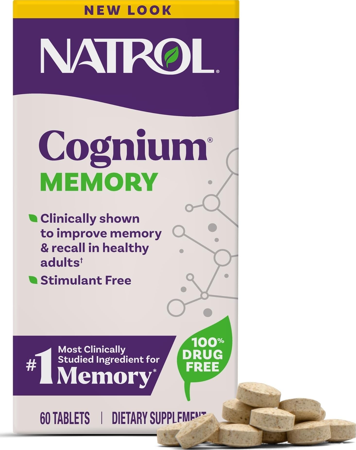 Natrol cognium envase frontal que muestra 60 tabletas y fácil identificación