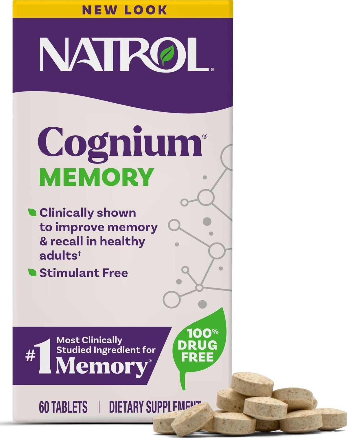Natrol cognium envase frontal que muestra 60 tabletas y fácil identificación