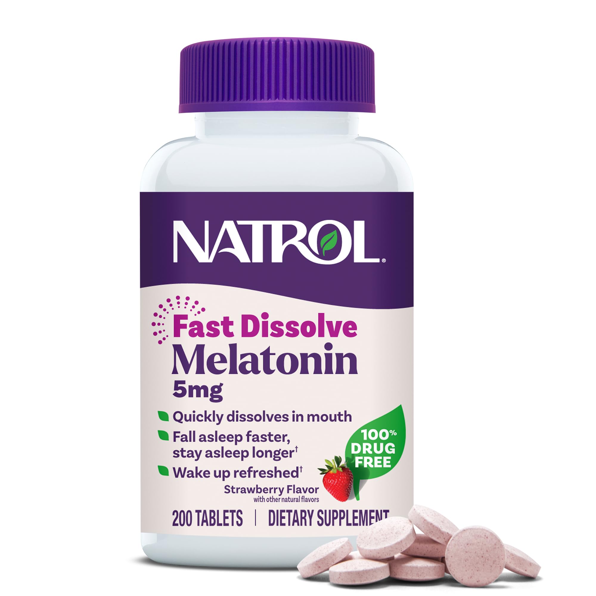 Natrol envase frontal de Melatonin 5 mg mostrando la presentación y beneficios