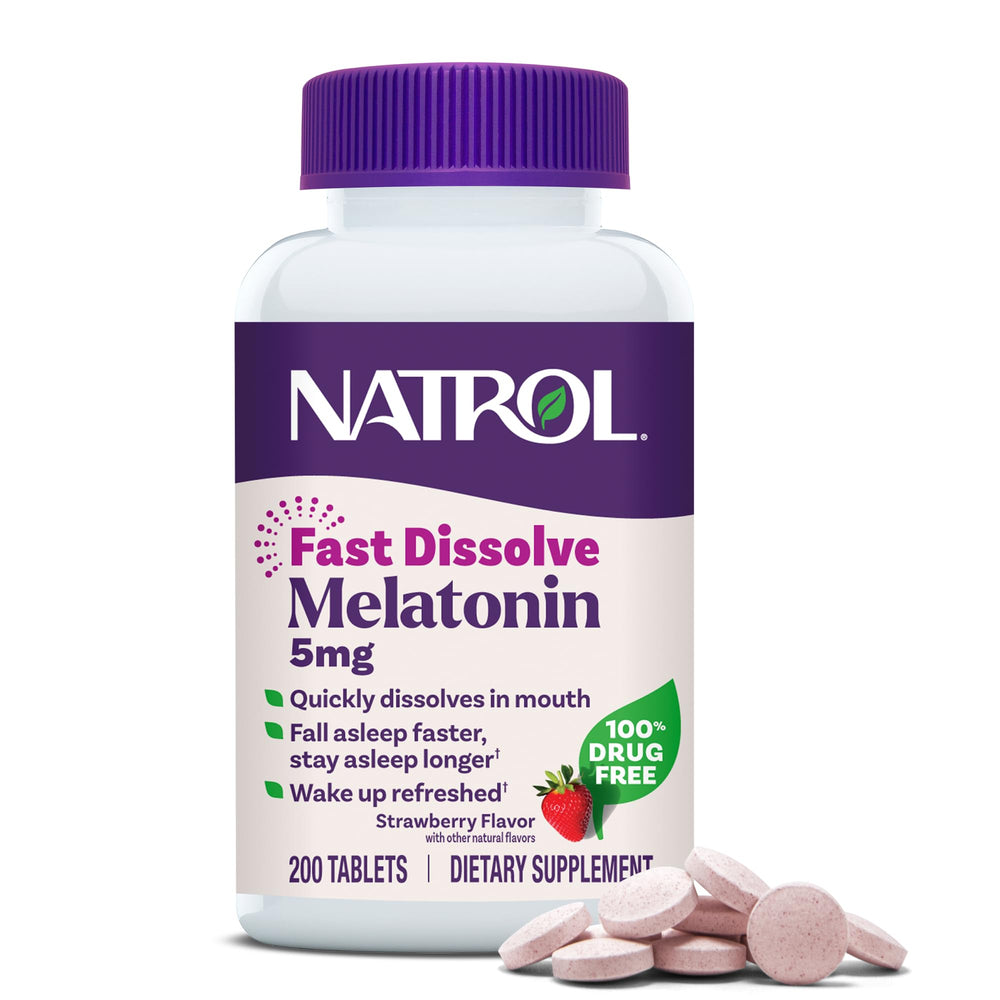 Natrol envase frontal de Melatonin 5 mg mostrando la presentación y beneficios