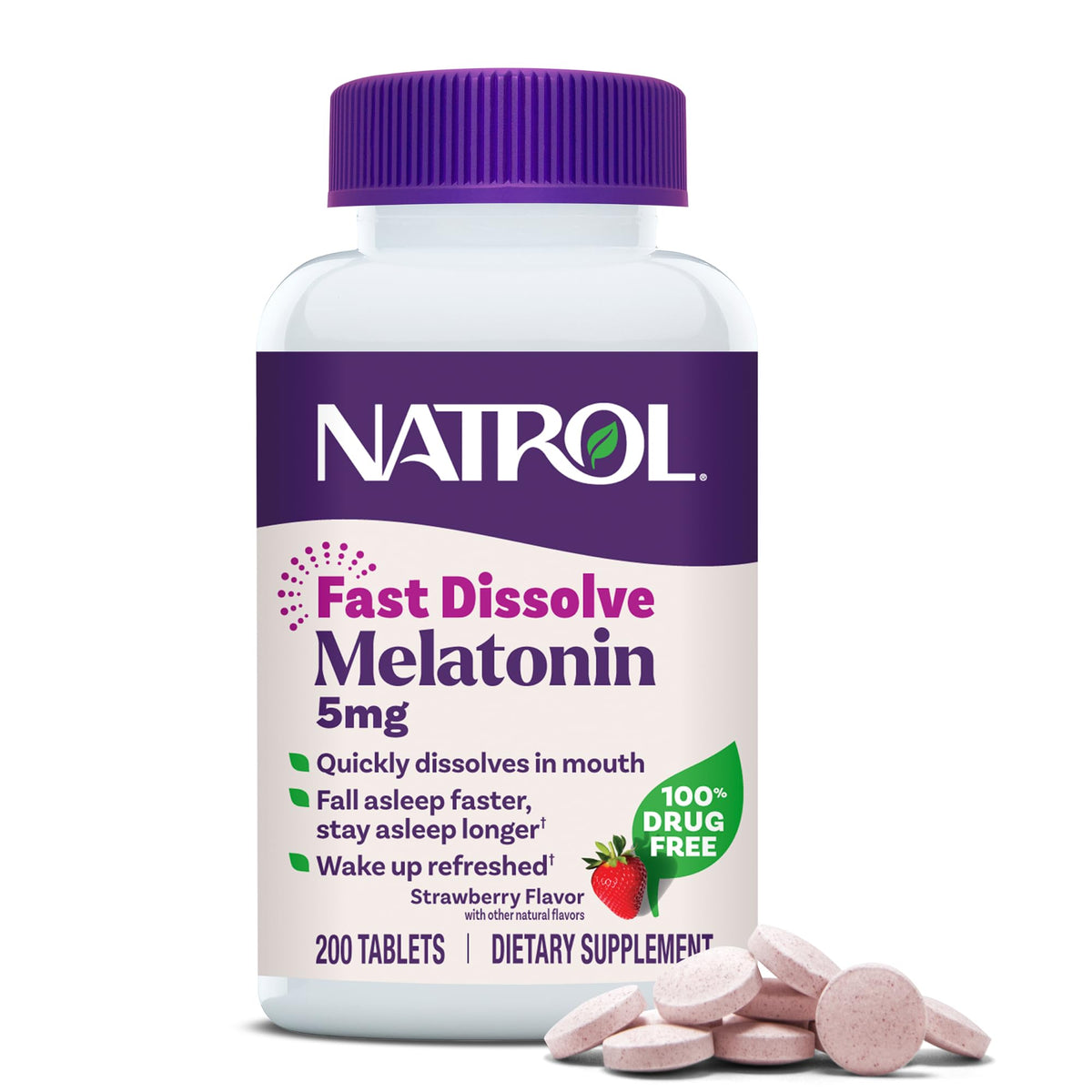 Natrol envase frontal de Melatonin 5 mg mostrando la presentación y beneficios