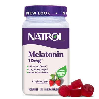 Natrol frasco frontal mostrando 140 gomitas y beneficio de conveniencia