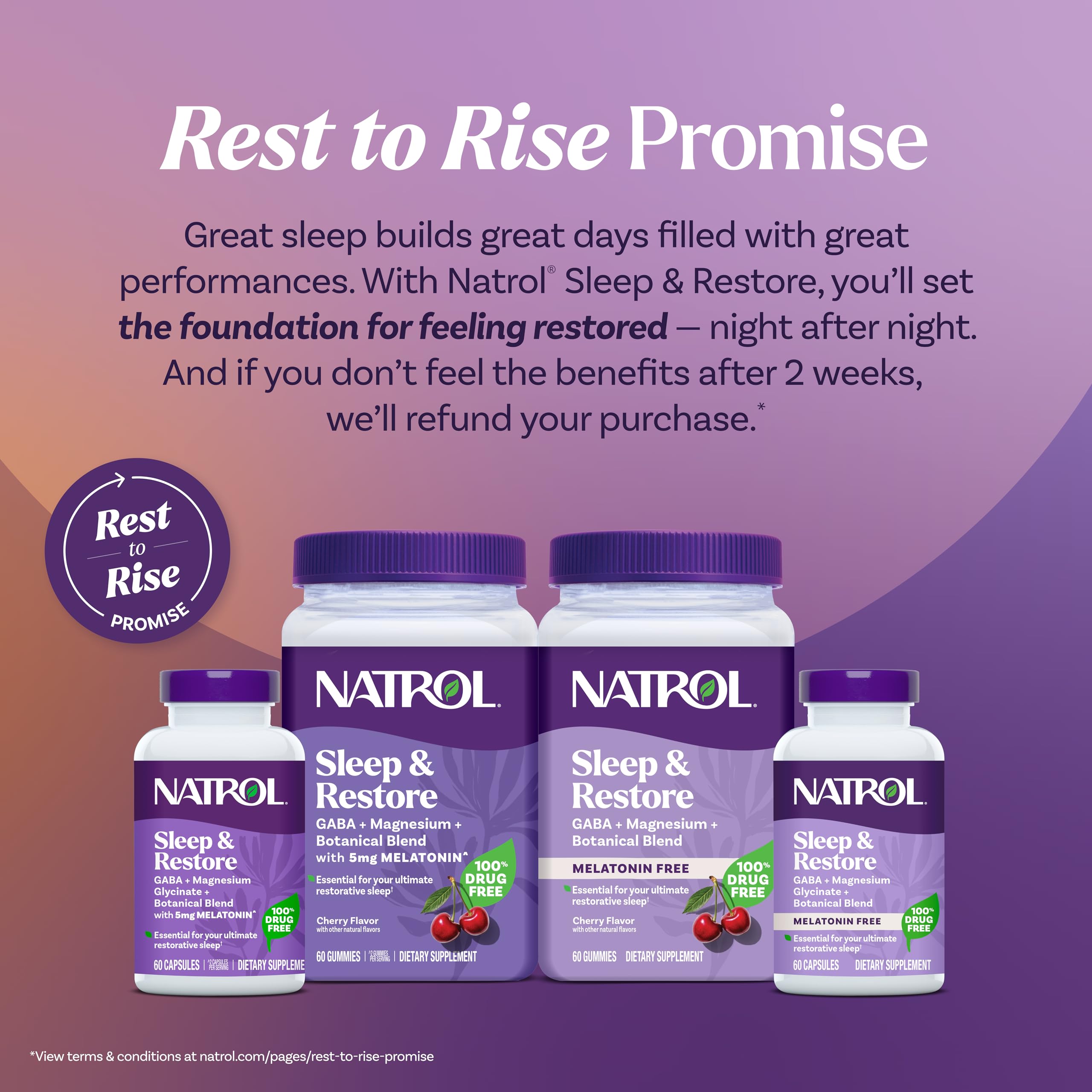 Natrol detalle de la tarjeta Rest to Rise Promise y garantía de satisfacción