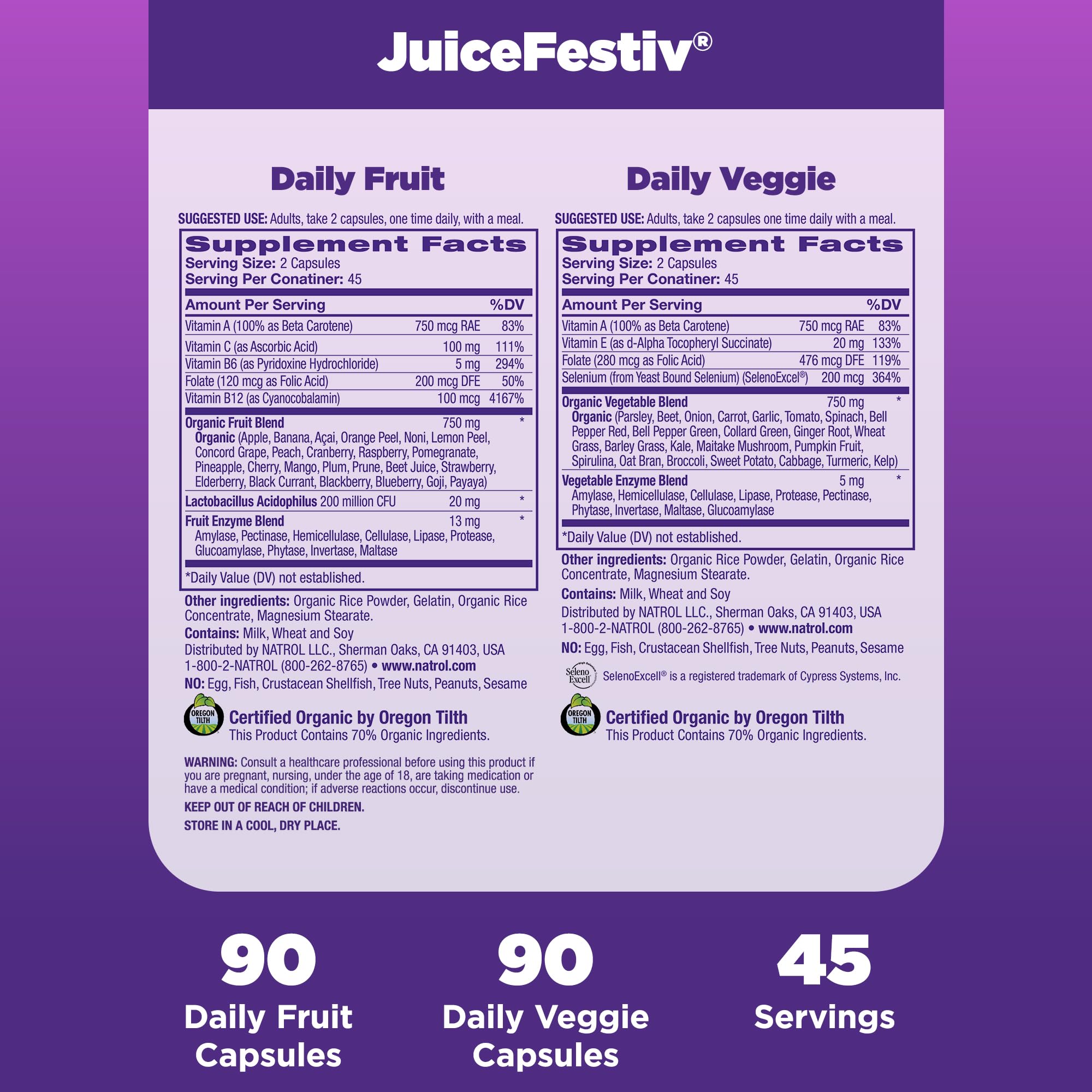 Natrol JuiceFestiv cápsulas junto a frutas para ilustrar complemento nutritivo