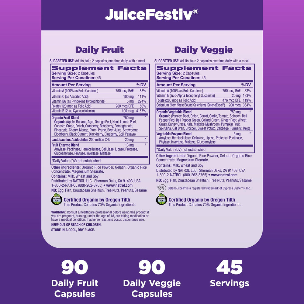 Natrol JuiceFestiv cápsulas junto a frutas para ilustrar complemento nutritivo