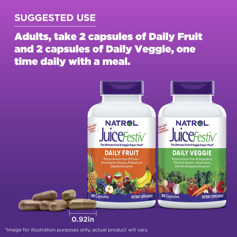 Natrol JuiceFestiv comparación de tamaño con objetos cotidianos para escala