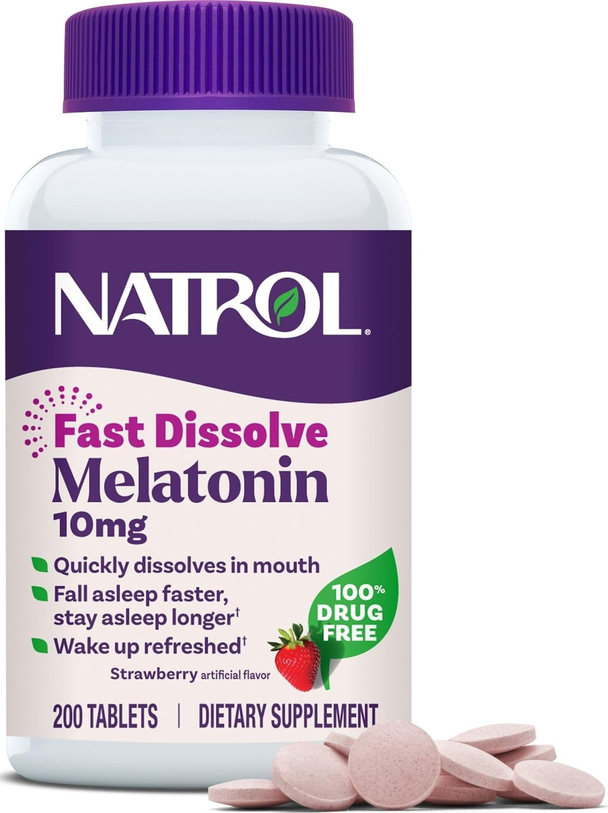 Natrol envase frontal de Melatonin 10 mg fresa, facilita descanso