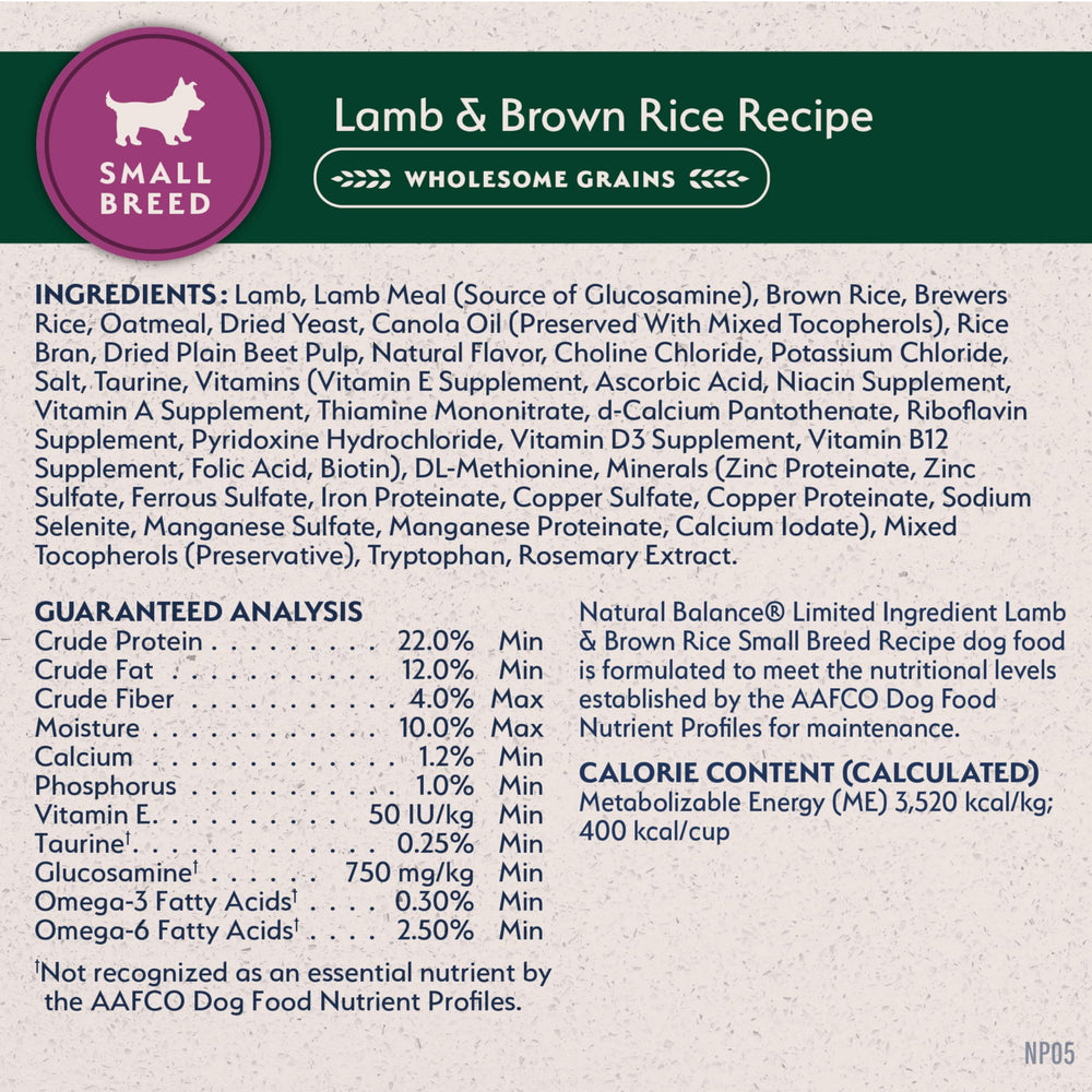 Natural Balance 4 lb bag beside a hand showing small-breed scale